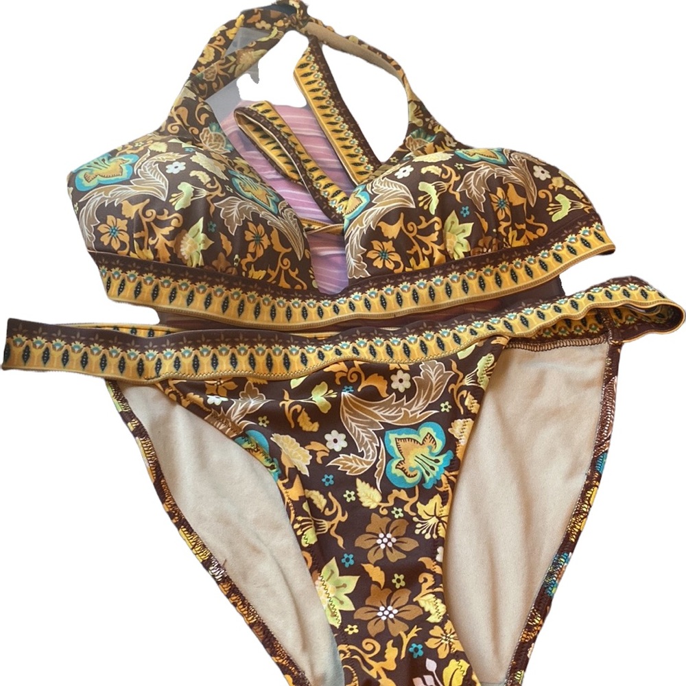 Victoria's Secret Brown Floral Halter Bikini with Yellow and Teal Accents
